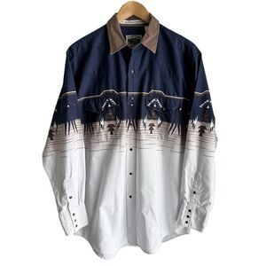 Vintage 90s Aztec Print Pearl Snap Shirt Mens L White Blue Western Ranch Rodeo